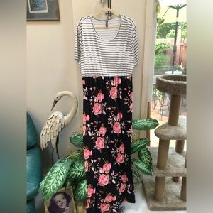 Floral Maxi Dress with Striped Top, Pockets,  Shoulder to Hem Approximately 59”